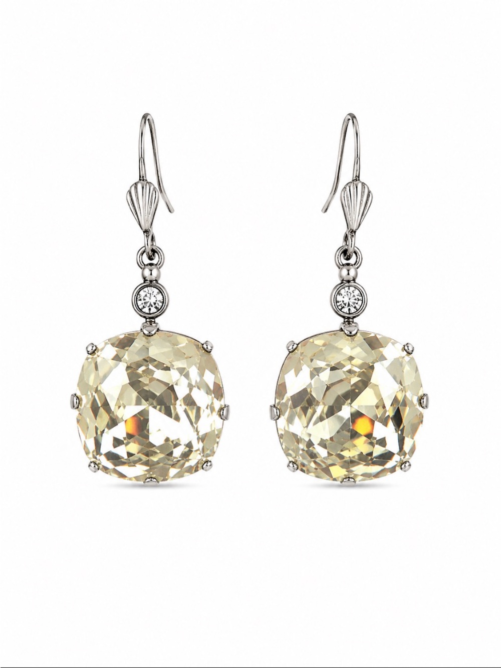 Champagne Crystal Cushion Cut Drop Earrings Silver Tone Statement